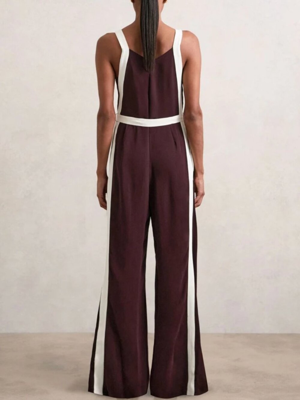 REISS Salma Colourblock Wide Leg Belted Jumpsuit 6/8/12 Burgundy/Cream - Picture 2 of 11